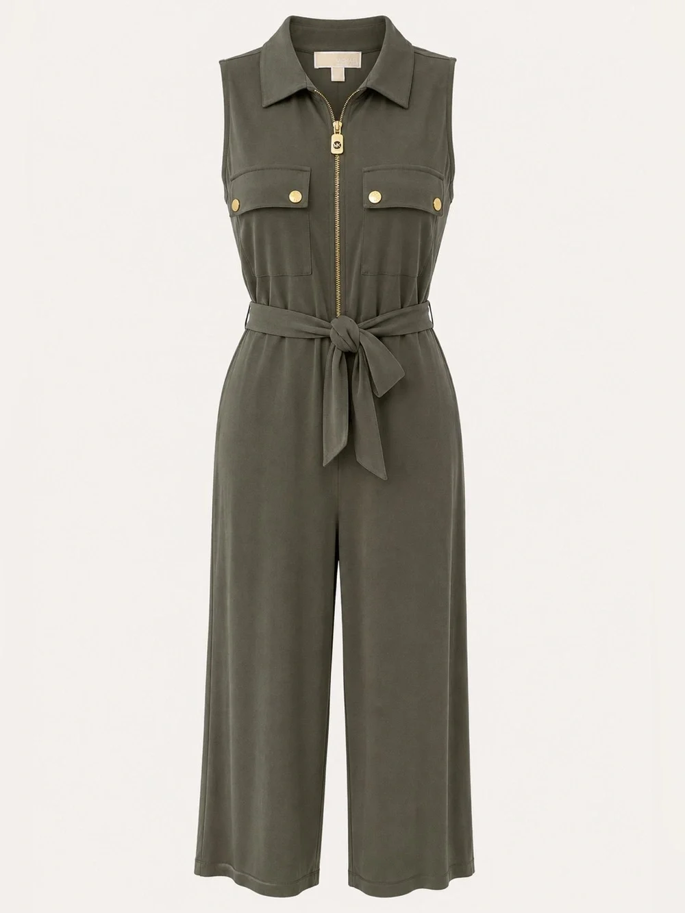 Michael Kors Sleeveless Utility Jumpsuit in Olive Green with Gold Hardware Large